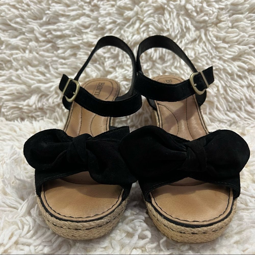 Born black flower knot ankle strap wedge sandals size 10M